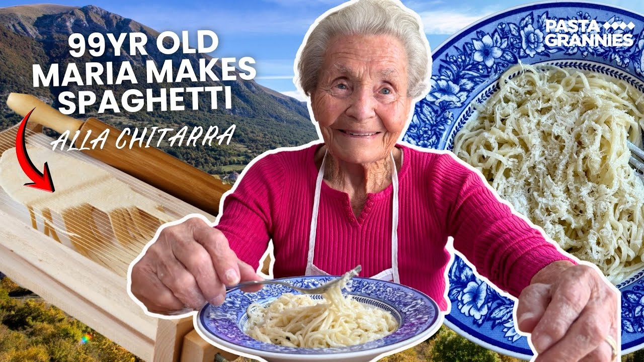 99yr old Maria makes homemade spaghetti, using a special tool| Pasta Grannies