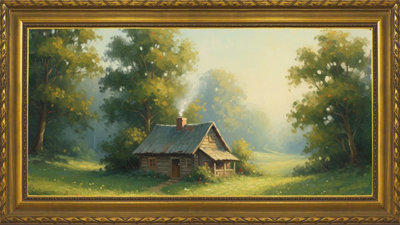 30-Min Oil Painting Frame Art | Peaceful Forest Cabin