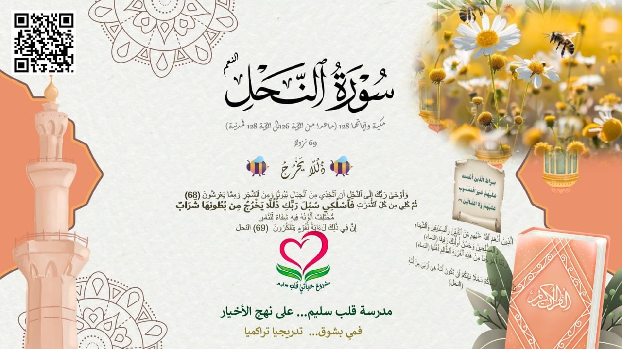 16- سورة النحل ( وَأَوْحَىٰ رَبُّكَ إِلَى النَّحْلِ أَنِ اتَّخِذِي مِنَ الْجِبَالِ  (68))