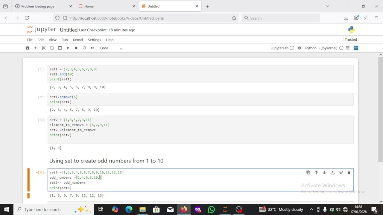 Using set to print odd numbers in python programming