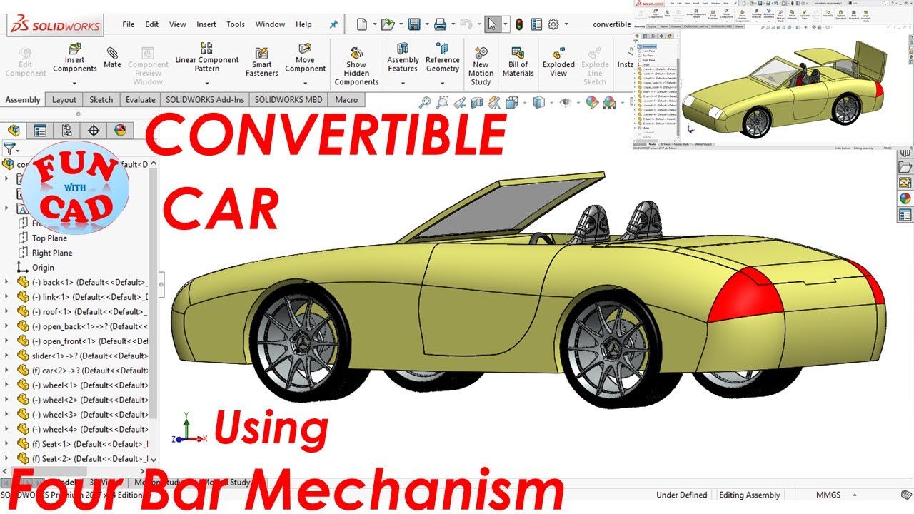 SOLIDWORKS Design and Assembly CONVERTIBLE CAR design | Convertible CAR mechanism TUTORIAL