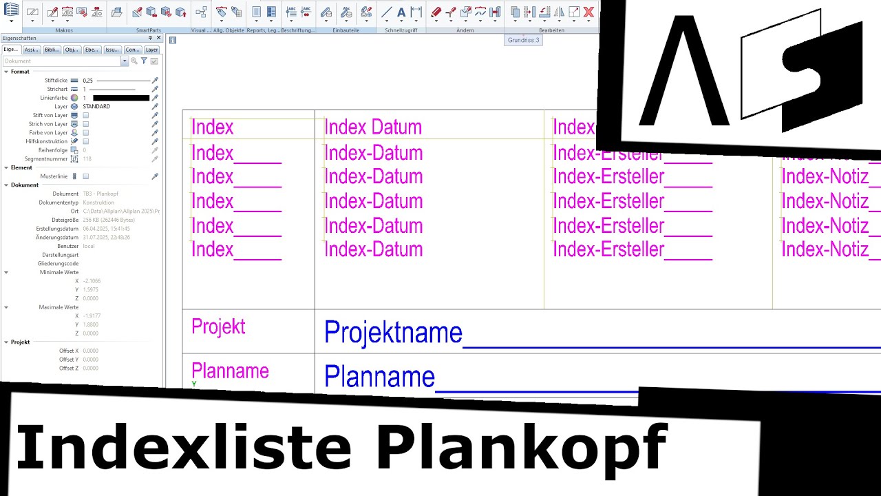Indexliste als Beschriftungsbild im Plankopf in Allplan