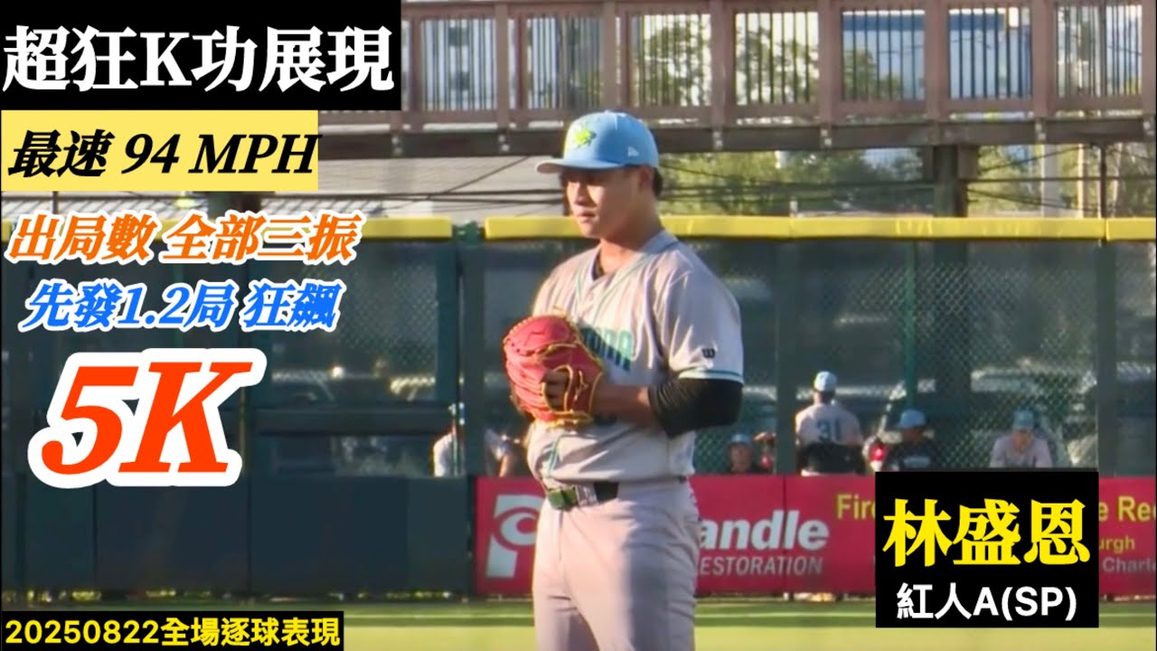 20250822林盛恩(紅人A)先發逐球｜超狂K功展現！1.2局狂飆5K！出局數全是三振！最速94MPH,責失2分吞1A首敗