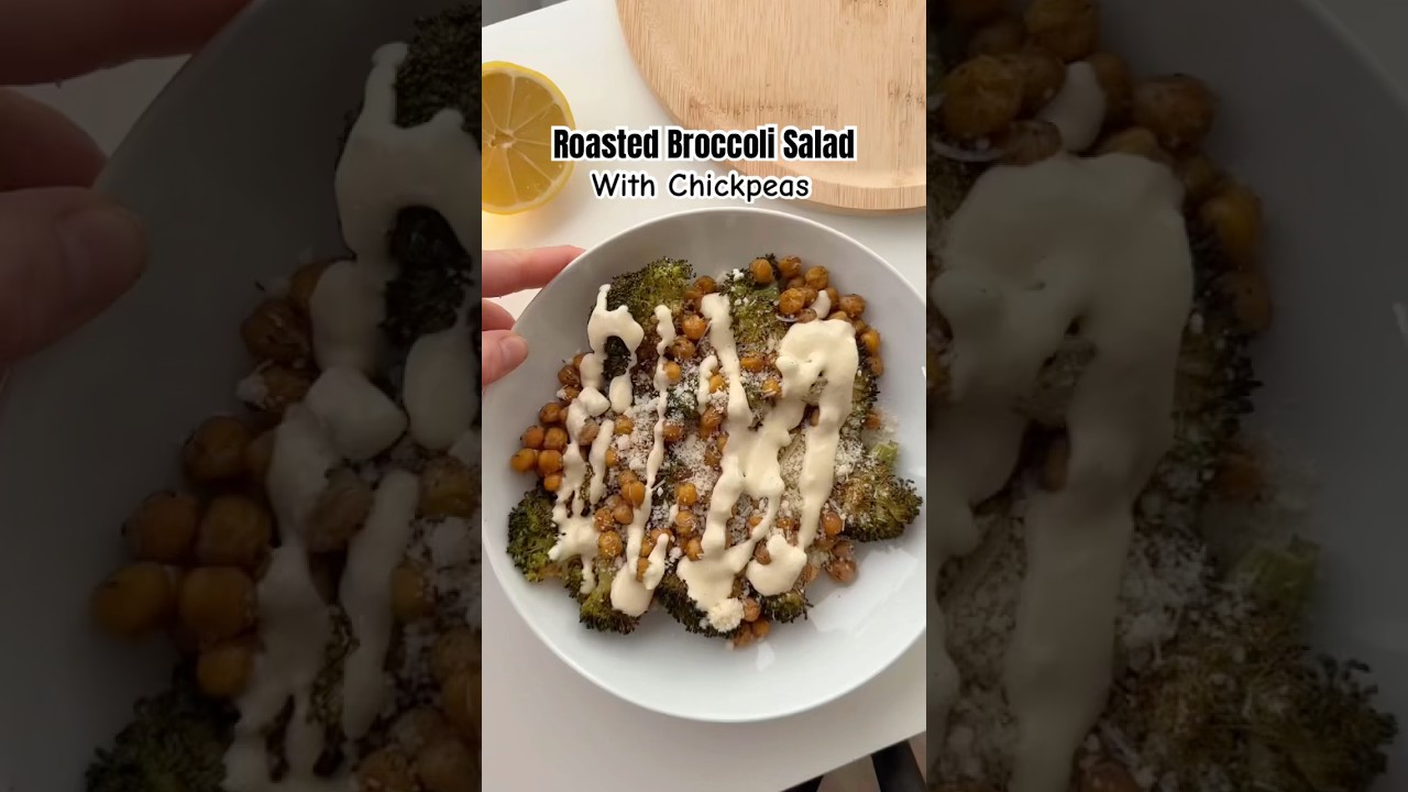 Roasted broccoli salad with chickpeas #healthy #salad #recipe #saladrecipe #easy  #vegan #easytomake