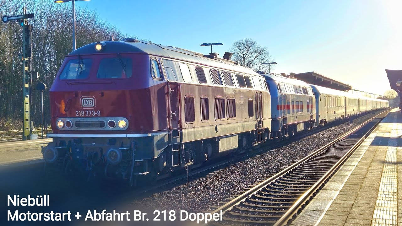 Niebüll: Motorstart + Abfahrt Doppel Br.218 (218 373-9 + 218 838-1 + IC1 Wagen) Richtung Westerland
