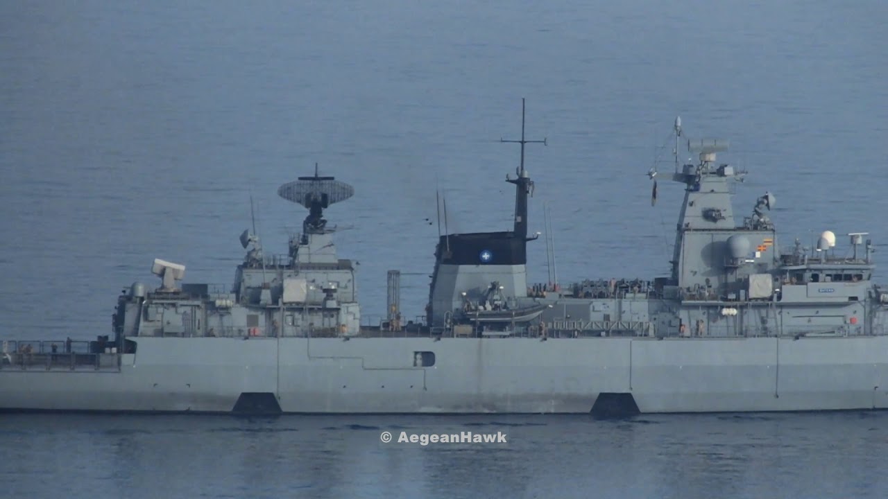 NATO SNMG2 F217 FGS Bayern southbound Chios Strait in Aegean Sea.