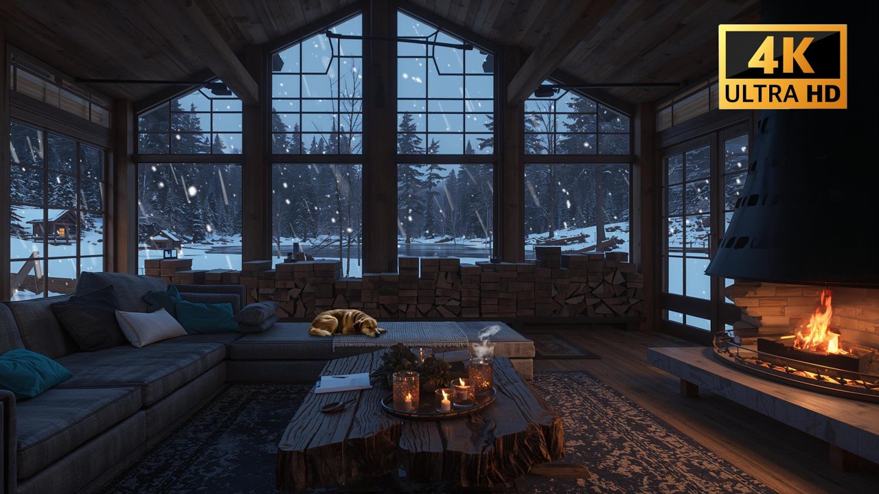 Winter Jazz Music & Blizzard Sounds ❄️ Cozy Cabin Fireplace Ambience | 3 Hours for Deep Sleep, Study