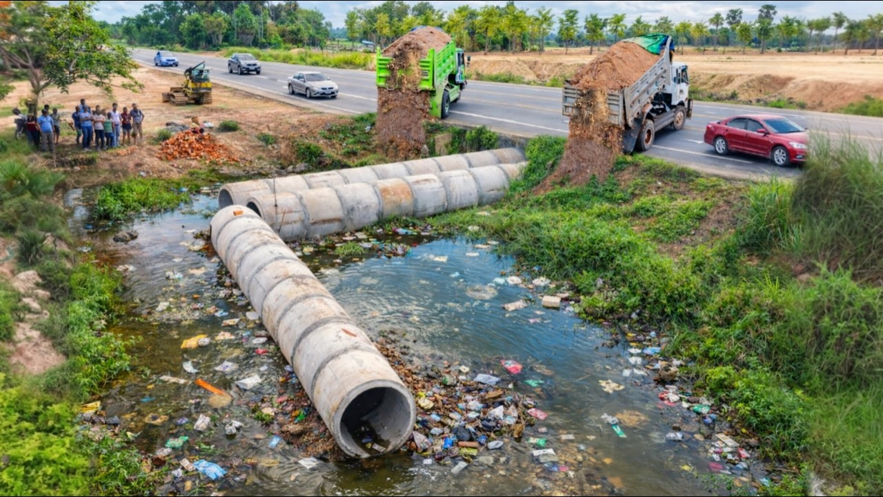 Complete100% Activity Construction Delete Twin Sewer System by Bulldozer Push & 5-T Dump Truck Unloa