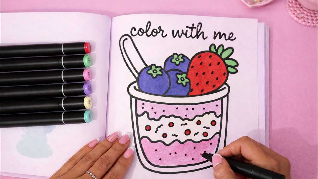 Simple Bold Color With Me 🌸 | ASMR Sounds Food Drawing 🍨 