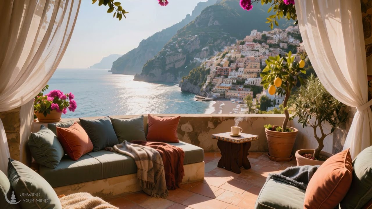 Amalfi Coast Morning with Calming Piano, Distant Ocean Waves, and Gentle Birdsong