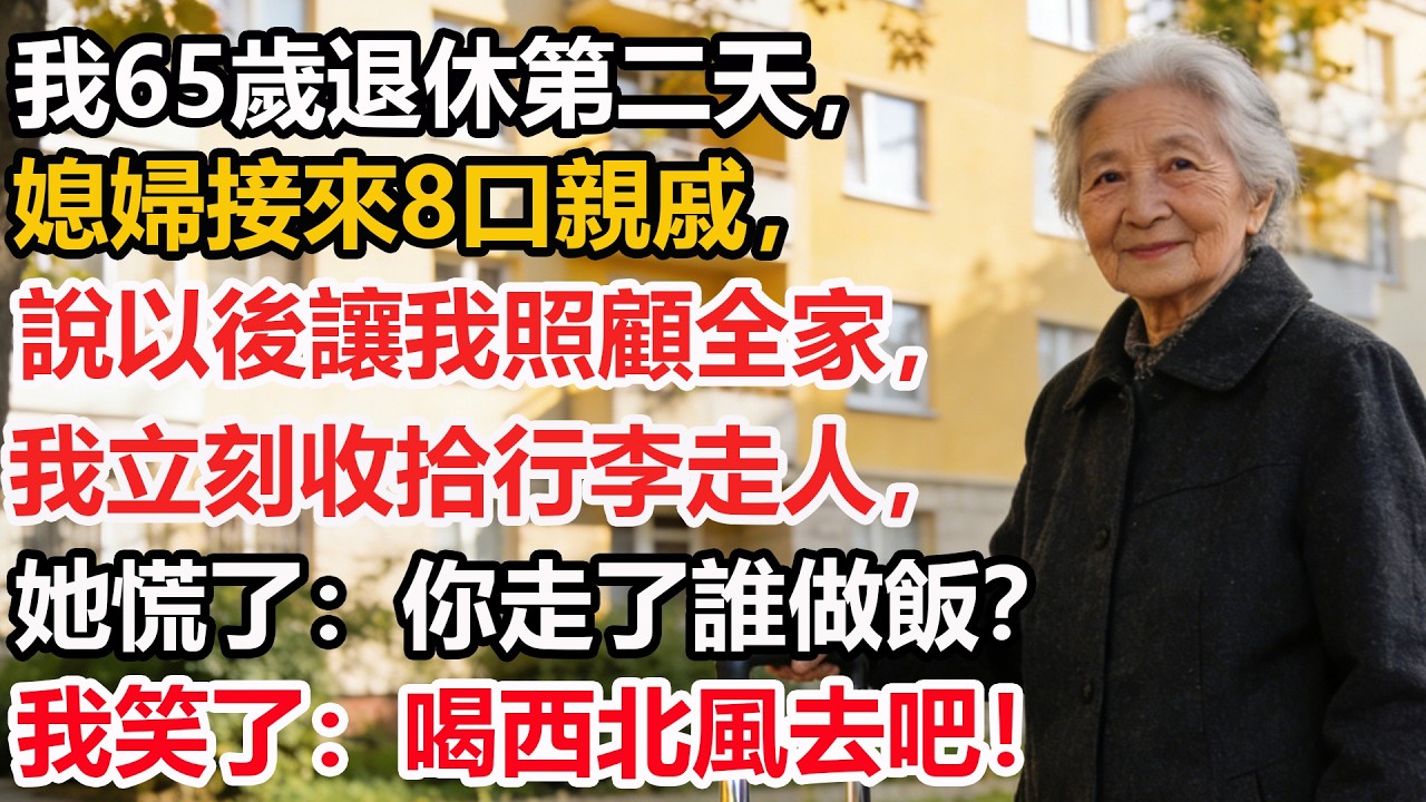 我65歲，退休第二天，媳婦接來8口親戚，說以後讓我照顧全家，我立刻收拾行李走人，她慌了：你走了誰做飯？我笑了：喝西北風去吧！