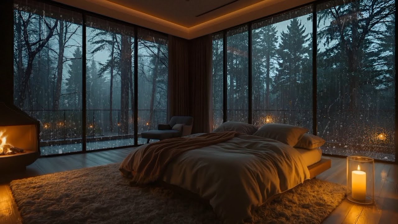 Rainy Night in a Cozy Bedroom - Crackling Fireplace, Sleeping Relax & Rain on Window