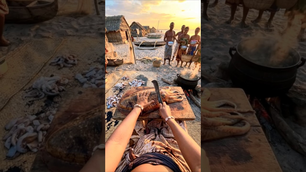 Vezo Tribe Prepares Giant Cuttlefish Traditional Feast 🦑🔪#tribalfood #triballife #shorts