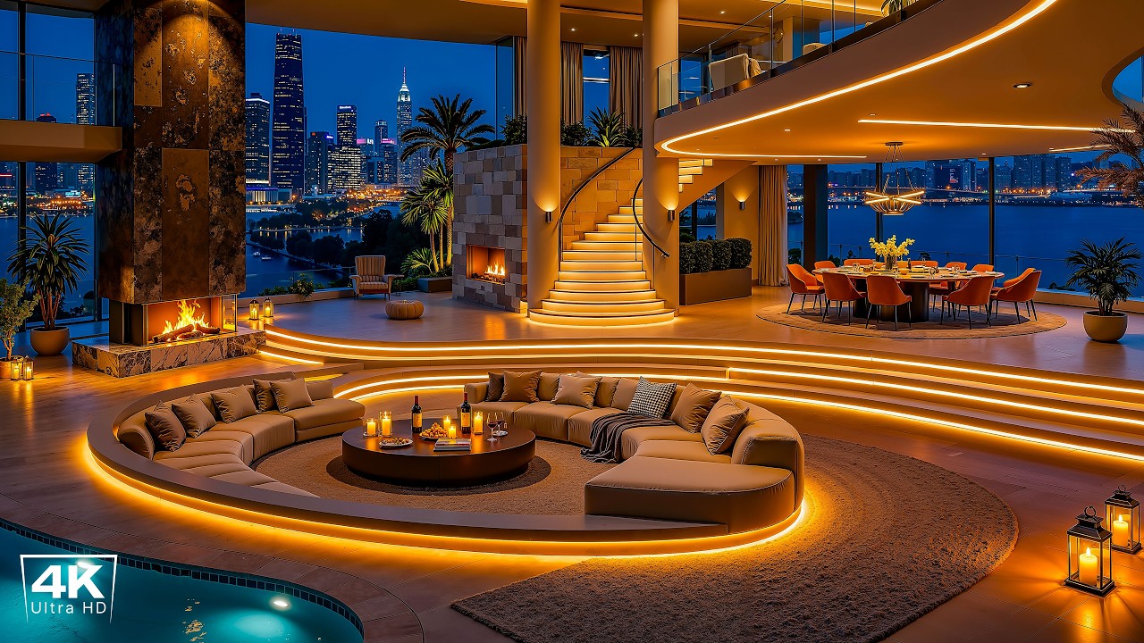 Tranquil City Skyline Night in a Luxury Apartment 🌆 Gentle Jazz & Fireplace Sounds for Calm & Focus