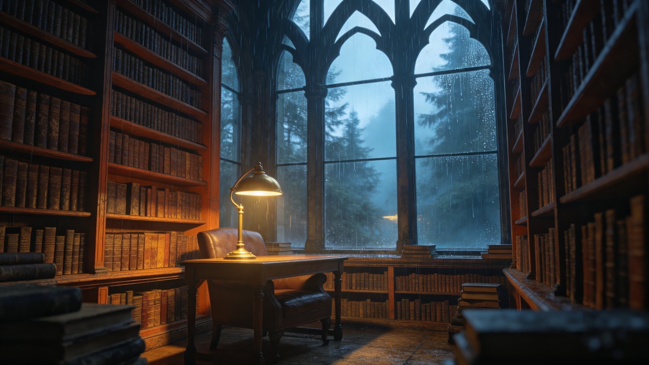 Rainy Library Ambience for Studying & Sleep | Cozy Rain Sounds