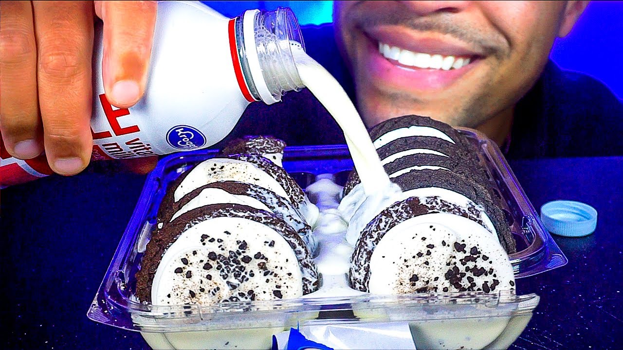 ASMR EATING OREO FROSTED COOKIES MILK POUR MOUTH SOUNDS NO TALKING LIFE HACK