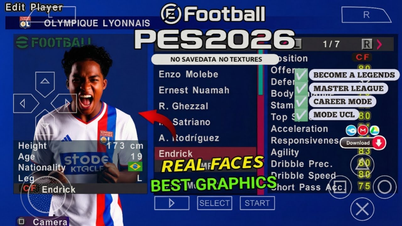 🔥EFOOBALL PES (PPSSPP) 2026 100% ATUALIZADO, CAMERA PS5 EUROPEU, NOVAS TRANSFERÊNCIAS KITS 25/26