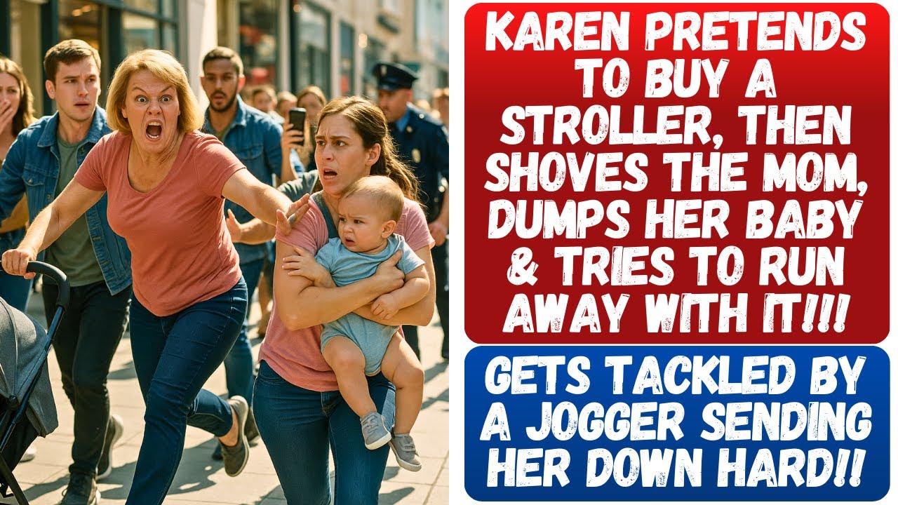 KAREN PRETENDS TO BUY A STROLLER, THEN SHOVES THE MOM, DUMPS HER BABY & TRIES TO RUN AWAY WITH IT!!!