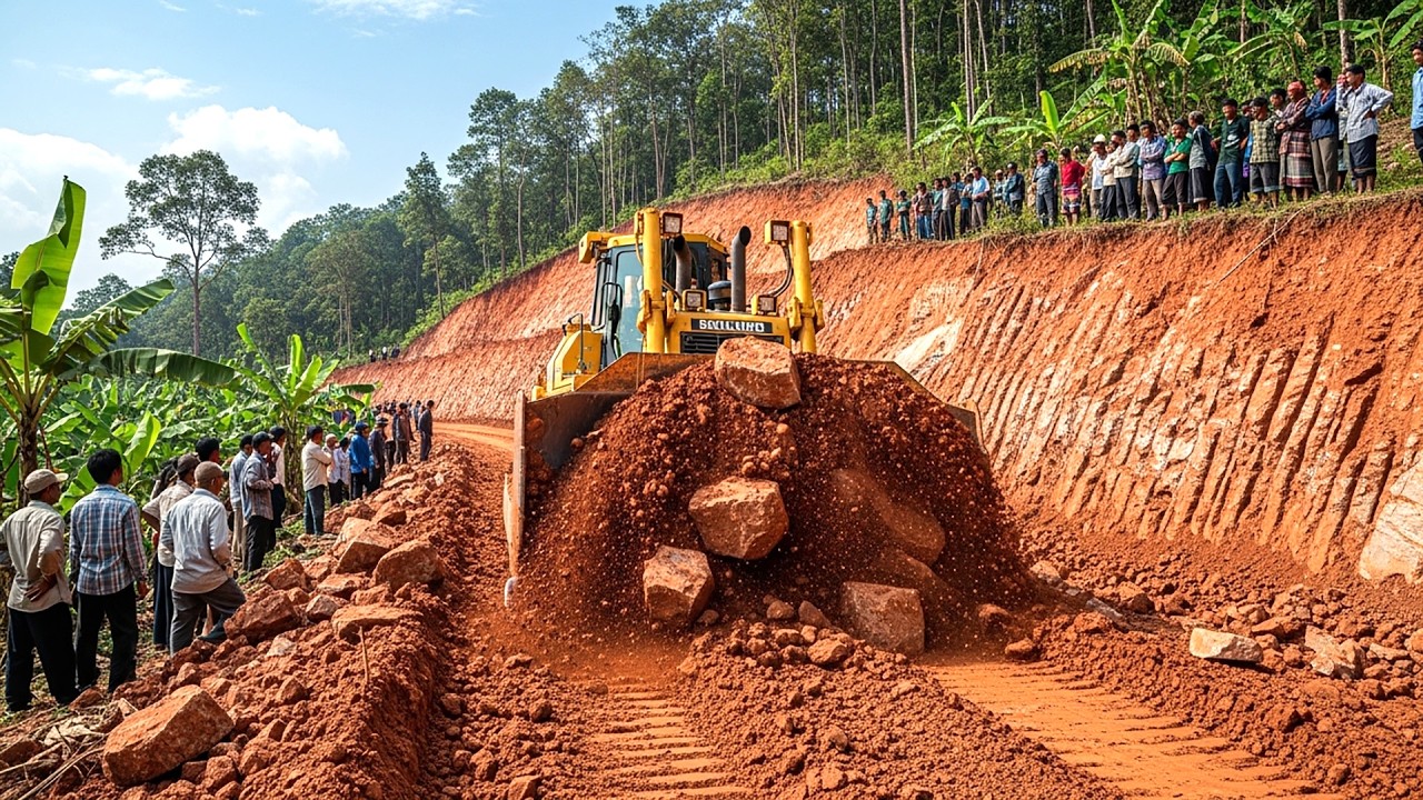 Extreme Massive Bulldozer Making Smooth Path For Access Road on High Mountain Edge Road Project