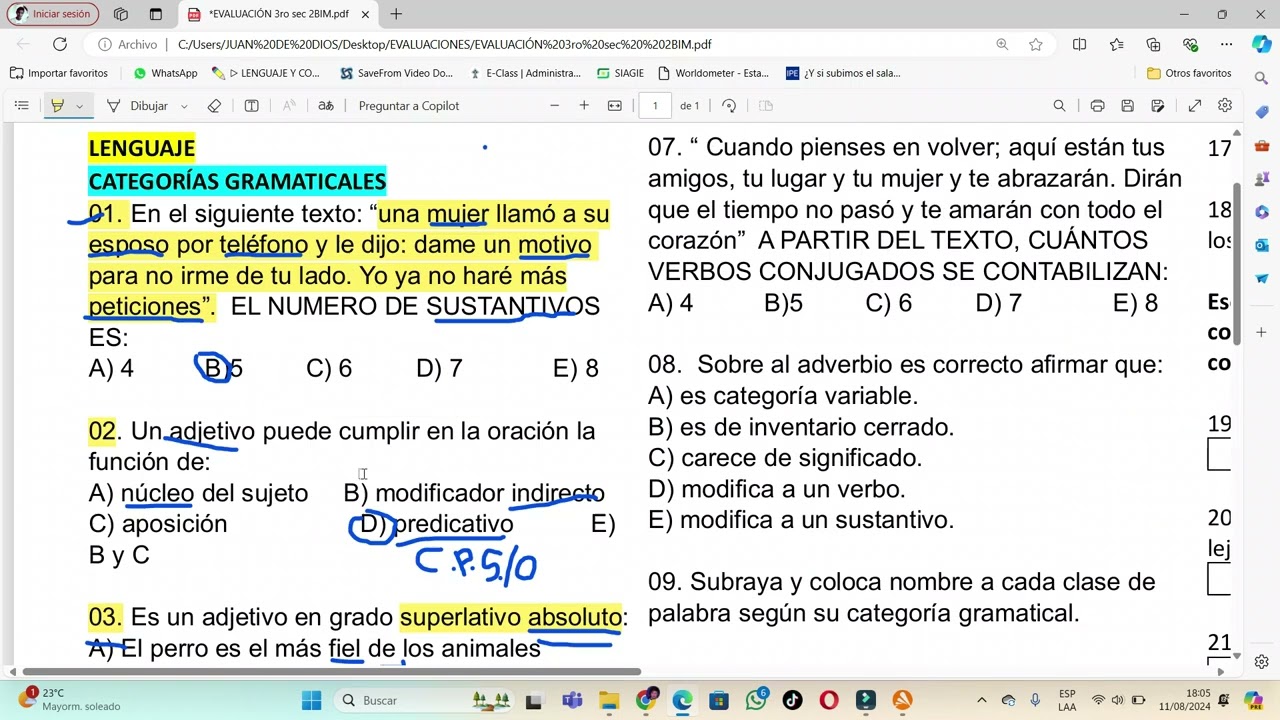 Ejercicios resueltos de categorías gramaticales I CAB