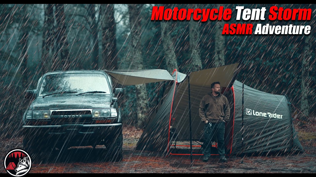 Camping in a Motorcycle Tent in Heavy Rain & Thunderstorms - ASMR STRONG Storm Adventure