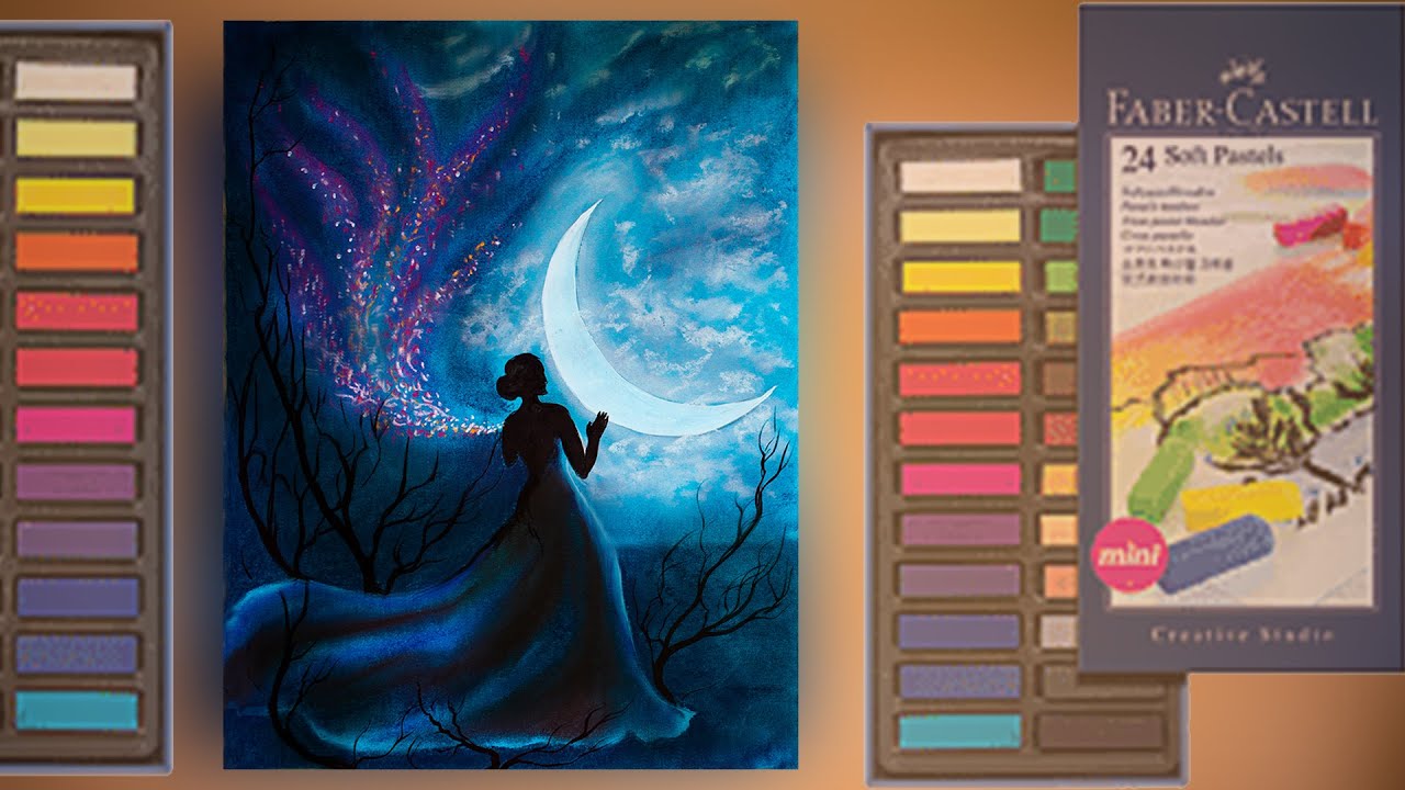Girl in Moonlight Scenery Painting with Oil Pastel and Acrylic/ how to draw a sad girl sitting alone