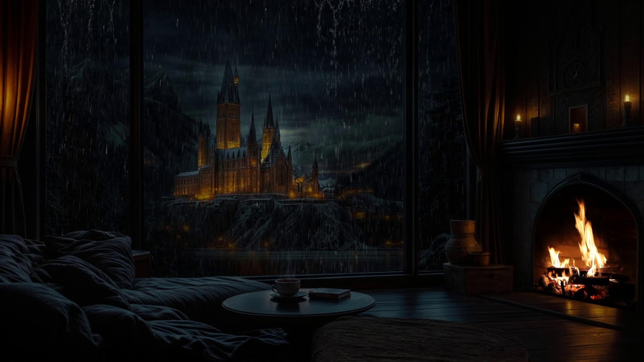 Night RAIN on Dark Window with Thunder😴💦Crackling Fire for FALL ASLEEP FAST🎧Try Listening for 7 Min