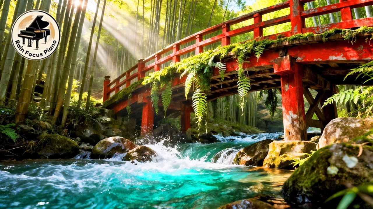 Red Japanese Bridge in Bamboo Forest 🌿 Rushing River ASMR & Relaxing Piano Music for Deep Focus