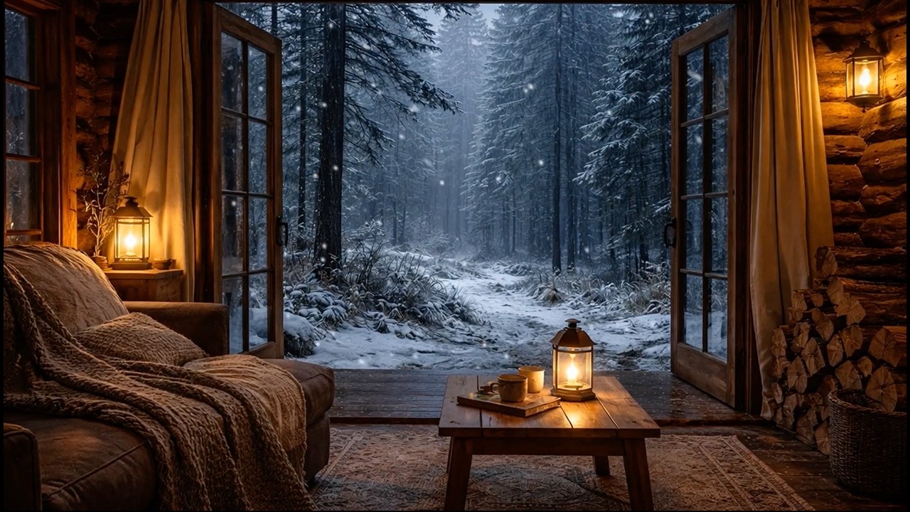 Snow Outside a Nordic Cabin at Night for Sleep | Soft Wind | 8 Hours