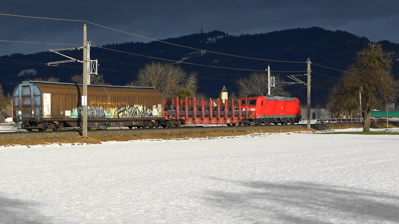 Bahnverkehr Lustenau-Lauterach: EC Zürich-München-Zürich ASTORO, DB-Cargo Güterzug BR185, Talent1