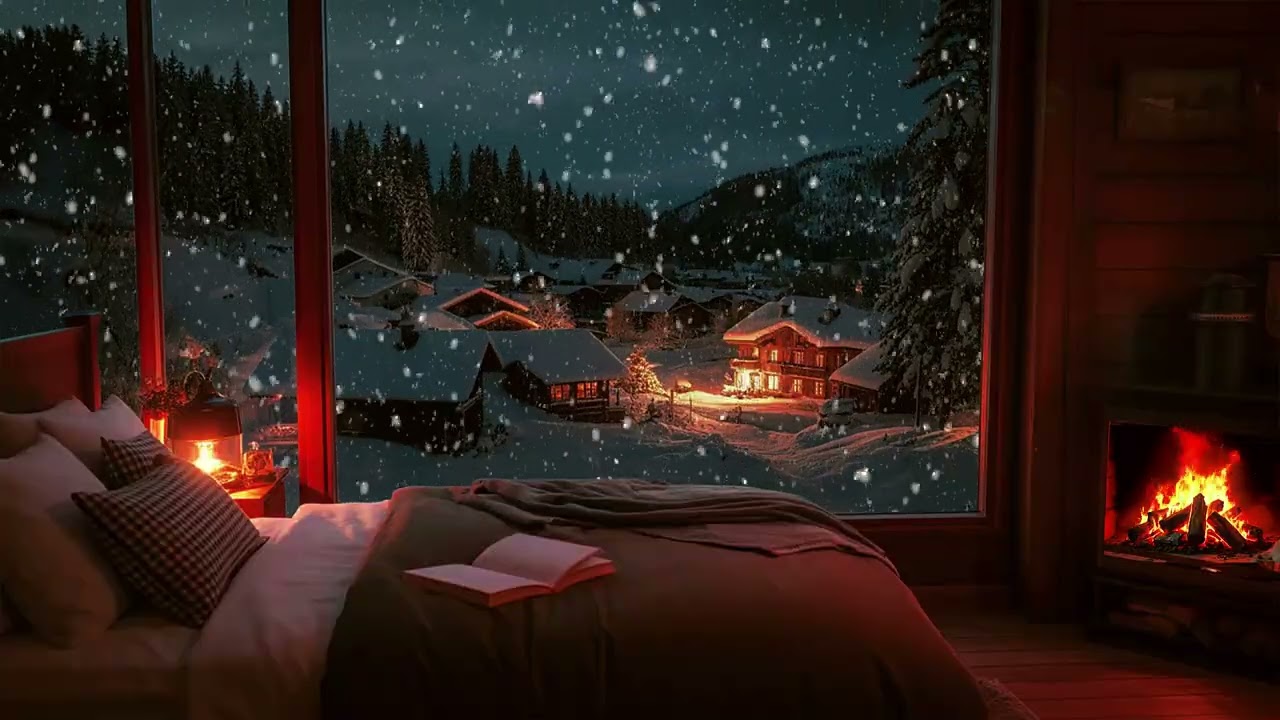 Snowy Village Night Outside the Cabin Window ❄️ Warm Fireplace for Deep Sleep & Relaxation