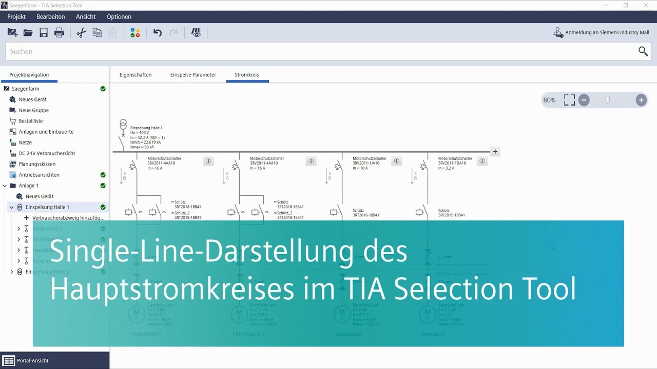 Single-Line-Darstellung des Hauptstromkreises im TIA Selection Tool