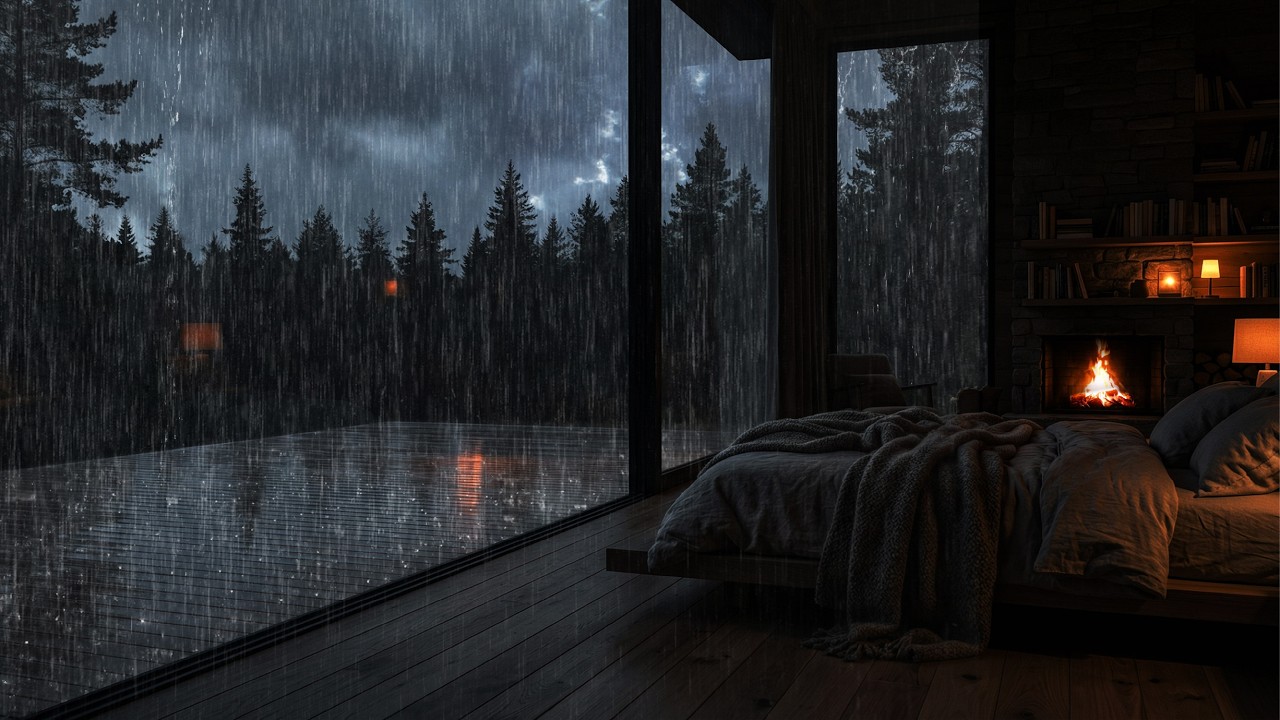 🌧️ Heavy Rain Sounds for Deep Sleep | Cozy Cabin Fireplace