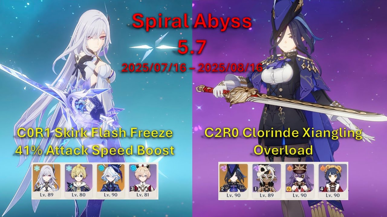 C0R1 Skirk Flash Freeze & C2R0 Clorinde Xiangling Overload | Spiral Abyss 5.7 Floor12 F2P Showcase