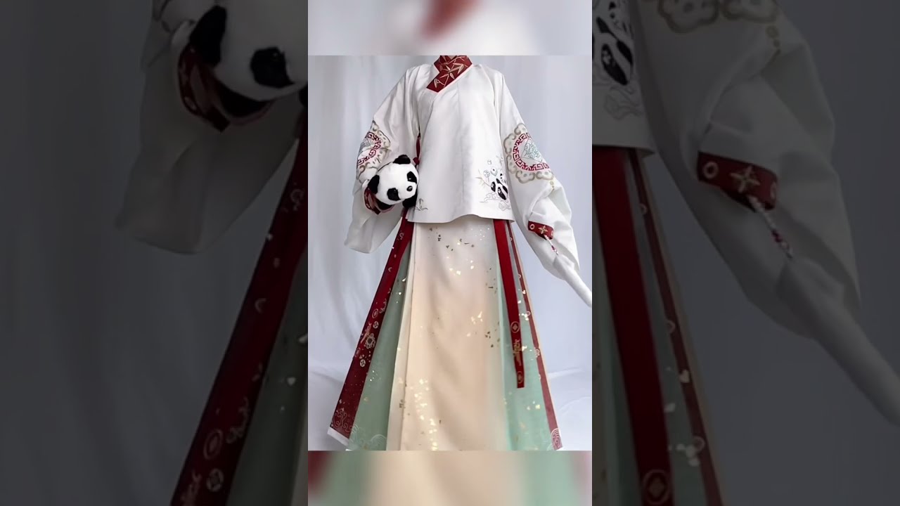 Mahjong and panda style. Chinese traditional clothes, hanfu.