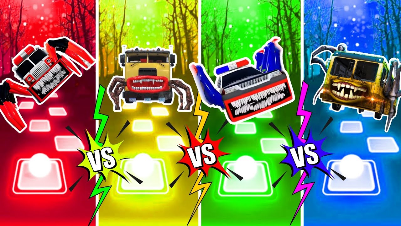 👀Tiles Hop - Fire Truck Eater 🆚️Truck Eater 🆚️Police Car Eater 🆚️Bus Eater 🎶Who Will Win?