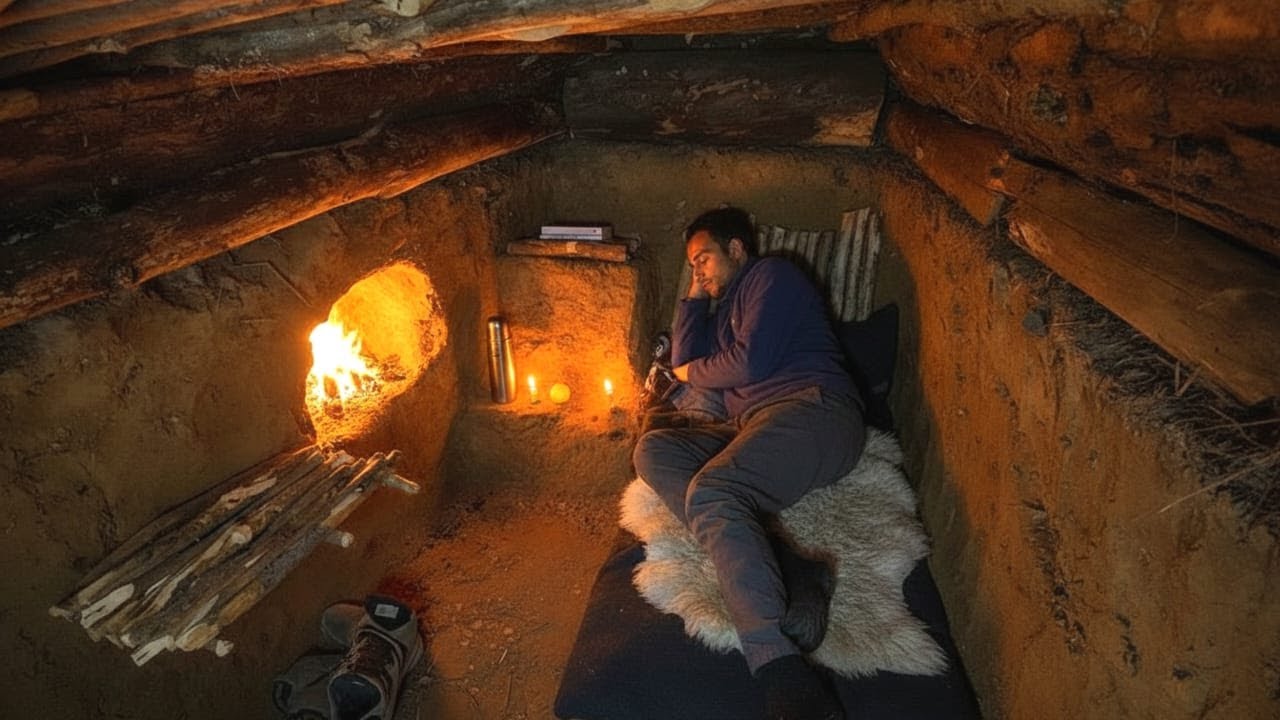 Secret underground shelter with Two Fallen Trees, secret Bushcraft Dugout.
