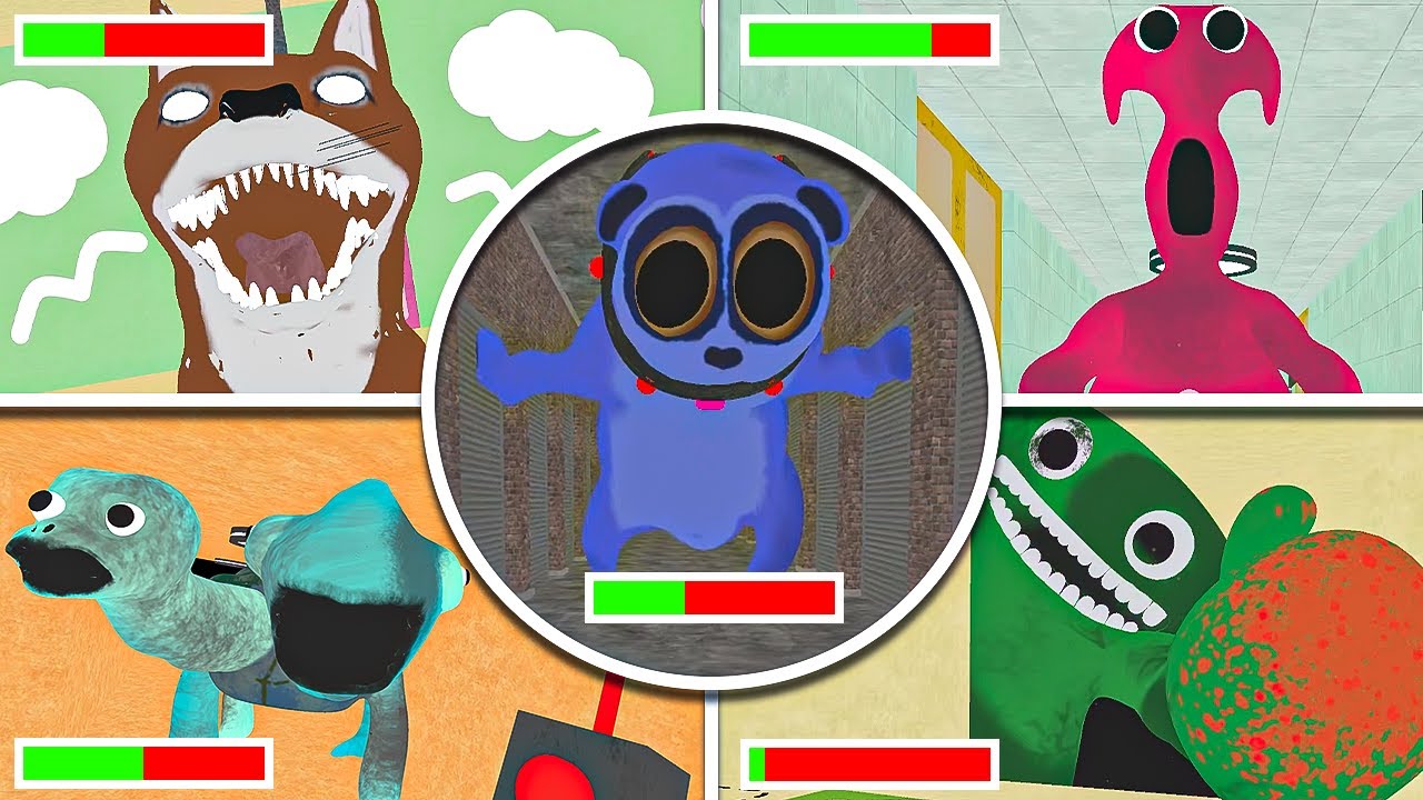 Garten of Banban 0,1,2,3,4,6,7,8 - All Chase Scenes & Jumpscares With HEALTHBARS in BRIGHT Mode