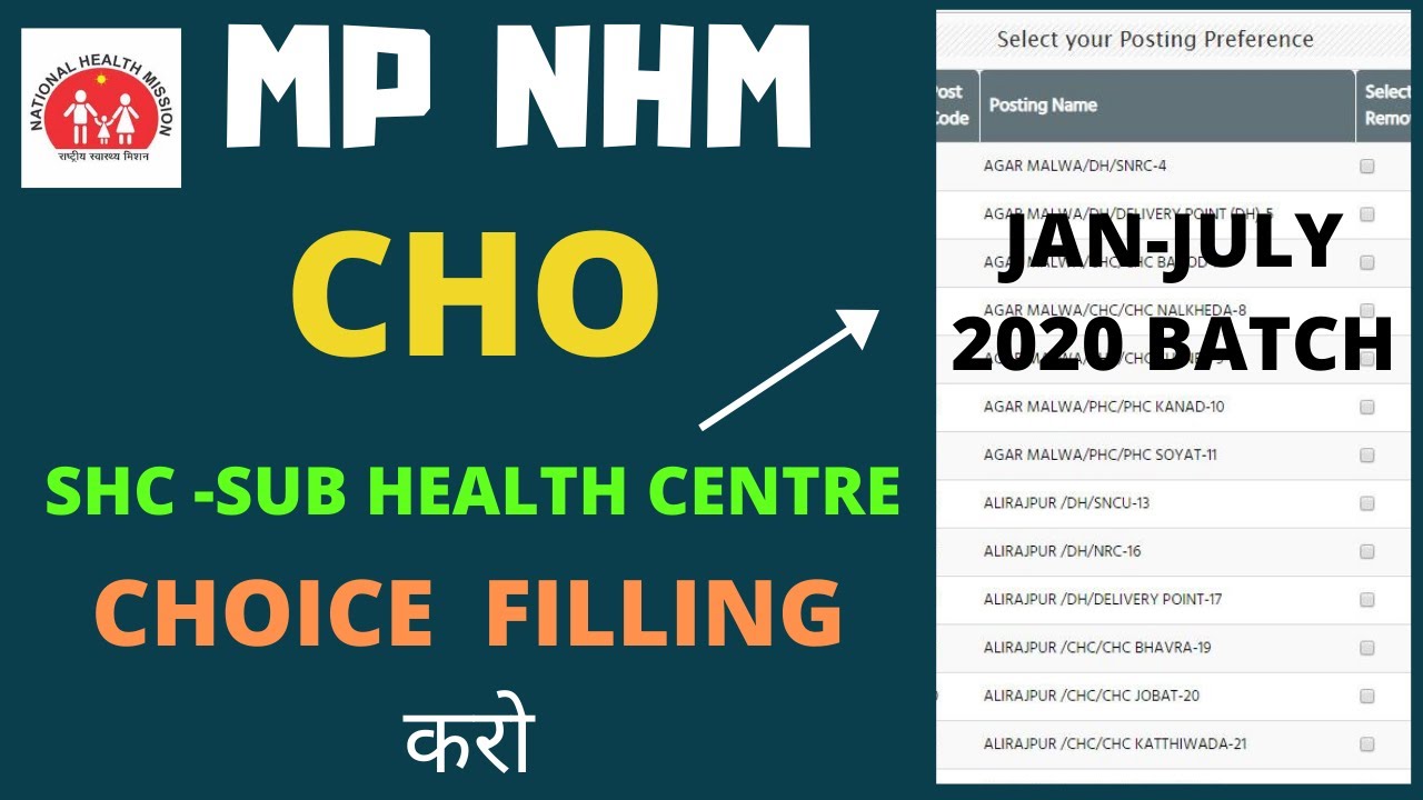 MP NHM CHO -Choice Filling करो  SHC (Sub Health Centre ) की  - OPTION जारी - पूरी जानकारी देखे