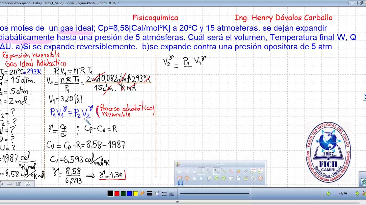 Ejercicio fisicoquimica proceso adiabatico reversible