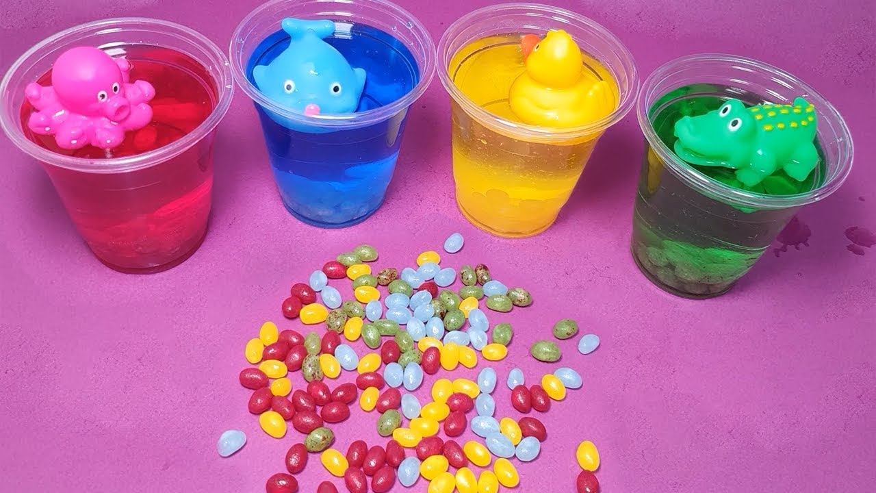 4 colors jelly beans for kids and kinetic sand eggs : leanrning colors#2