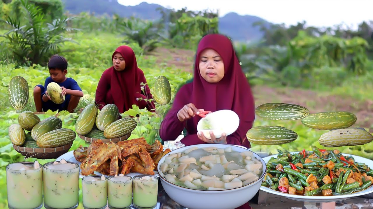 Masakan kacang panjang yang enak, panen buah, bikin Es buah, Ayam goreng, masakan desa