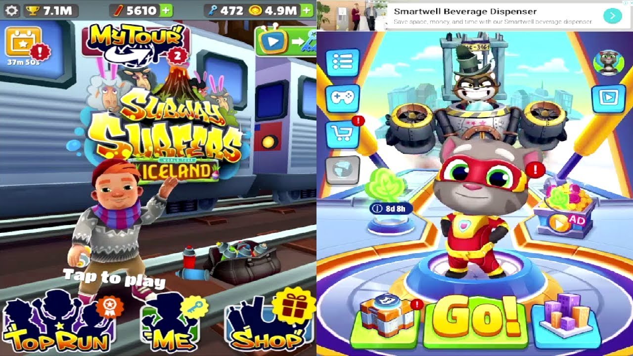 Subway Surfers: Iceland VS Talking Tom Hero Dash Run: Ride The Hyperboard Walkthrough