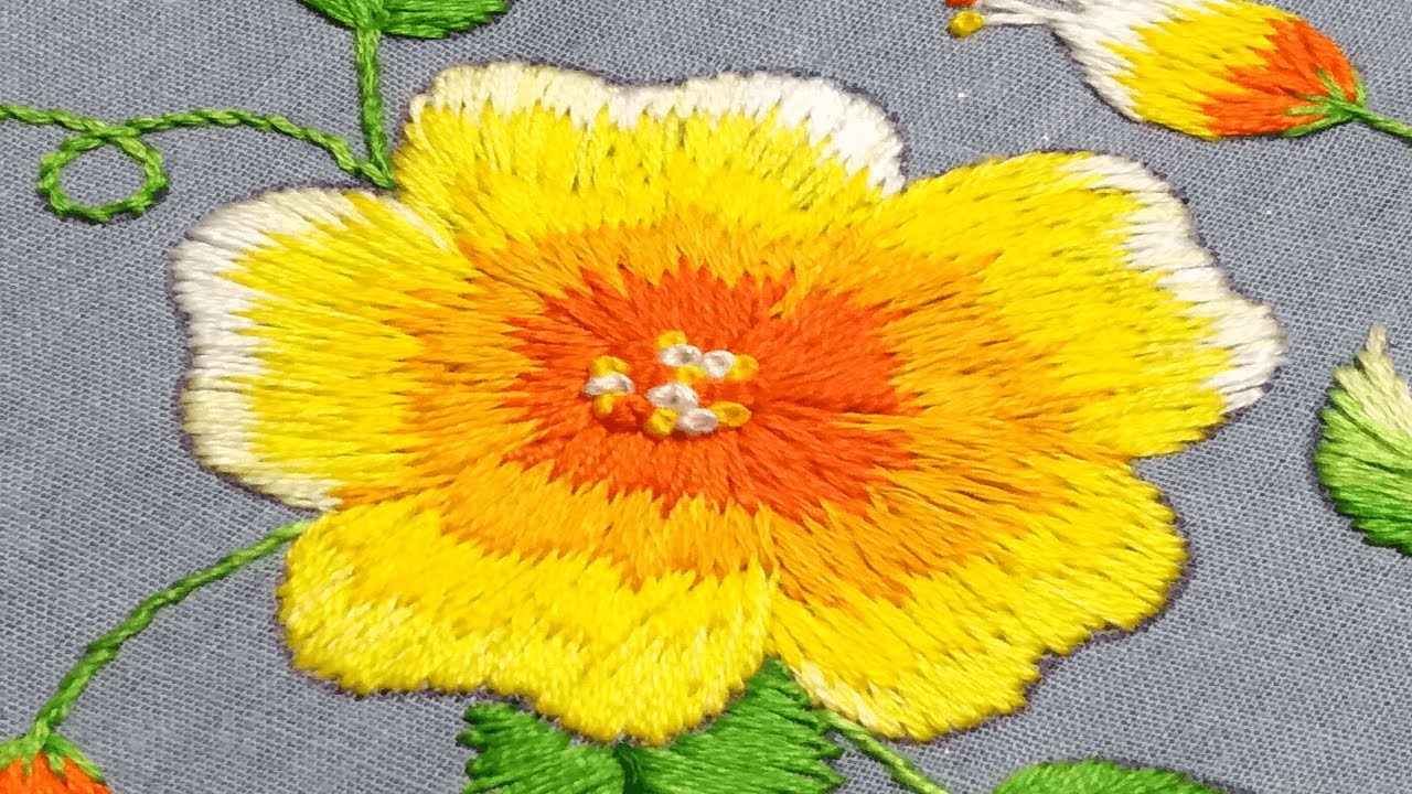 Yellow and Orange mixed Hand Embroidery Flowers,Best Hand Embroidery yellow Work,Pattern-120, #Miss