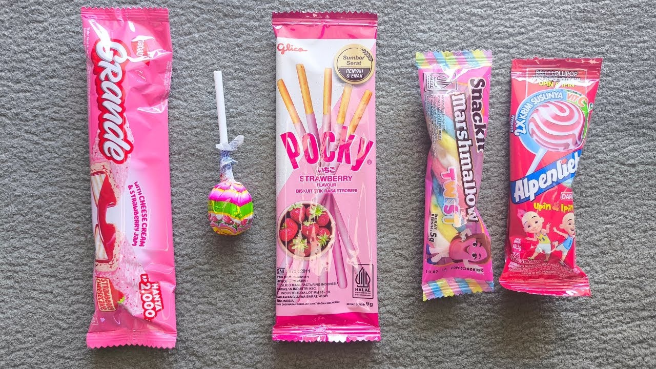ASMR PINK STRAWBERRY SNACKS MUKBANG🍓 Marshmallow, Crunchy Pocky & Lollipop Eating Sounds| NO TALKING