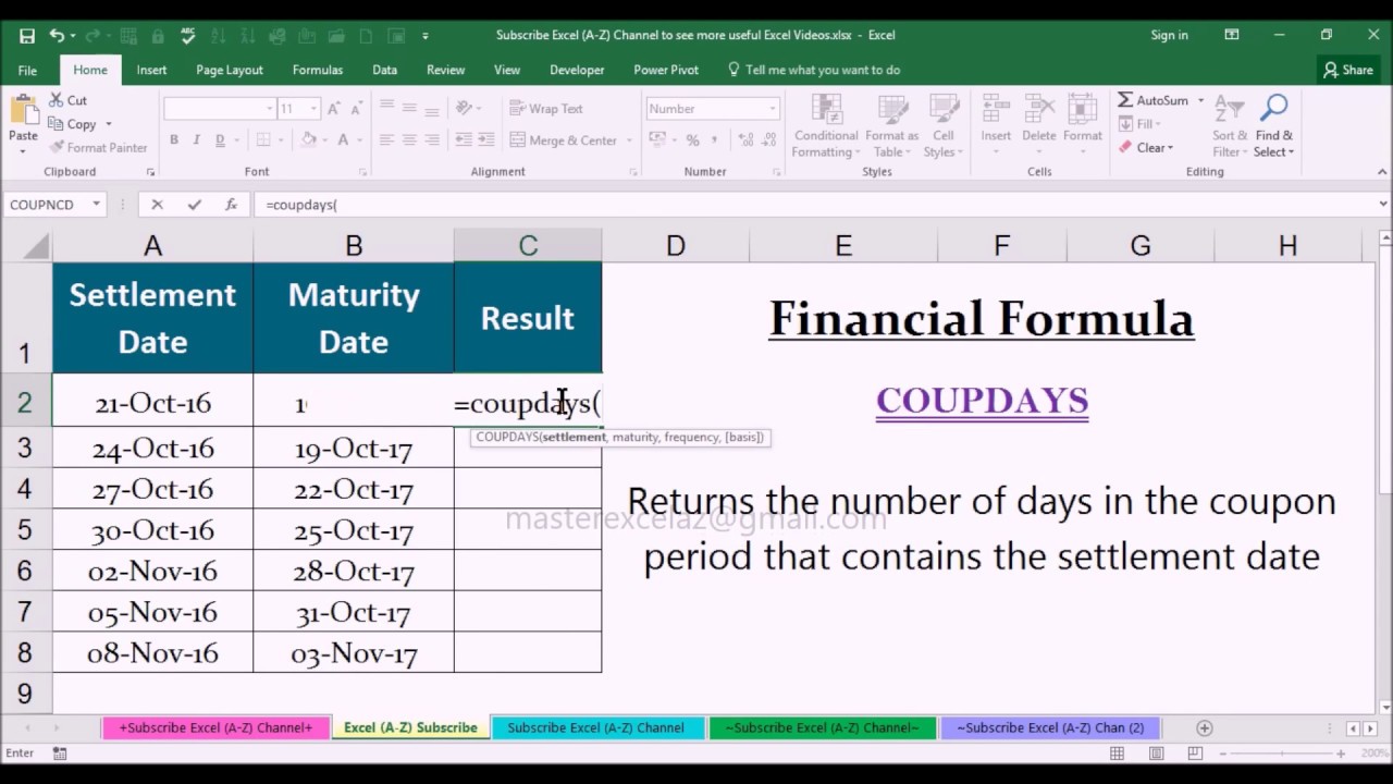 COUPDAYS Financial Function with Example in MS Office Excel Spreadsheet 2016
