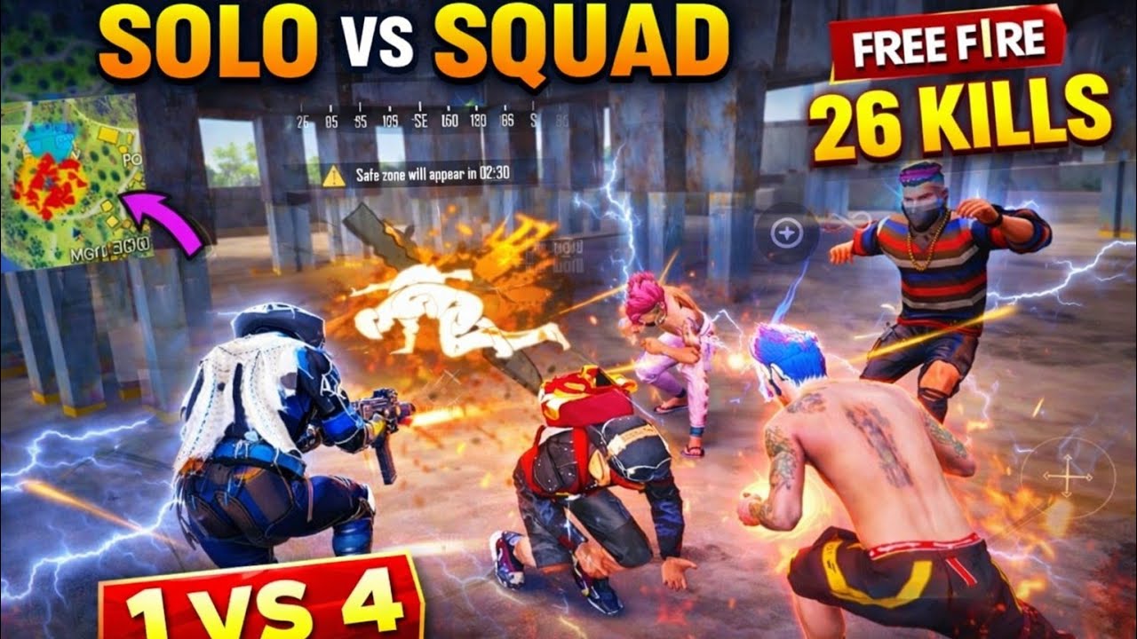 Solo vs Squad Gameplay 😱 1v4 Clutch | Free Fire Ranked Match / 