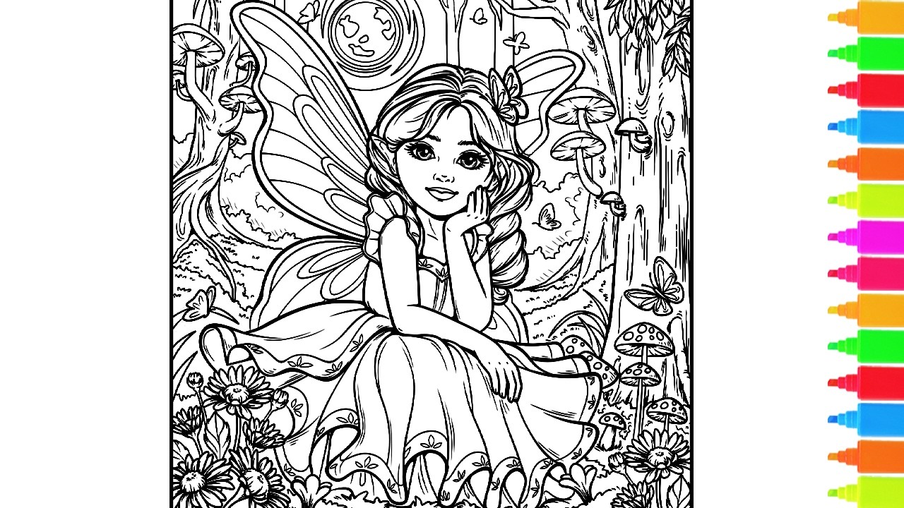Coloring Pixie in a Magical Forest, Unicorn, Little Dragon, Butterfly | Fantasy Coloring Pages