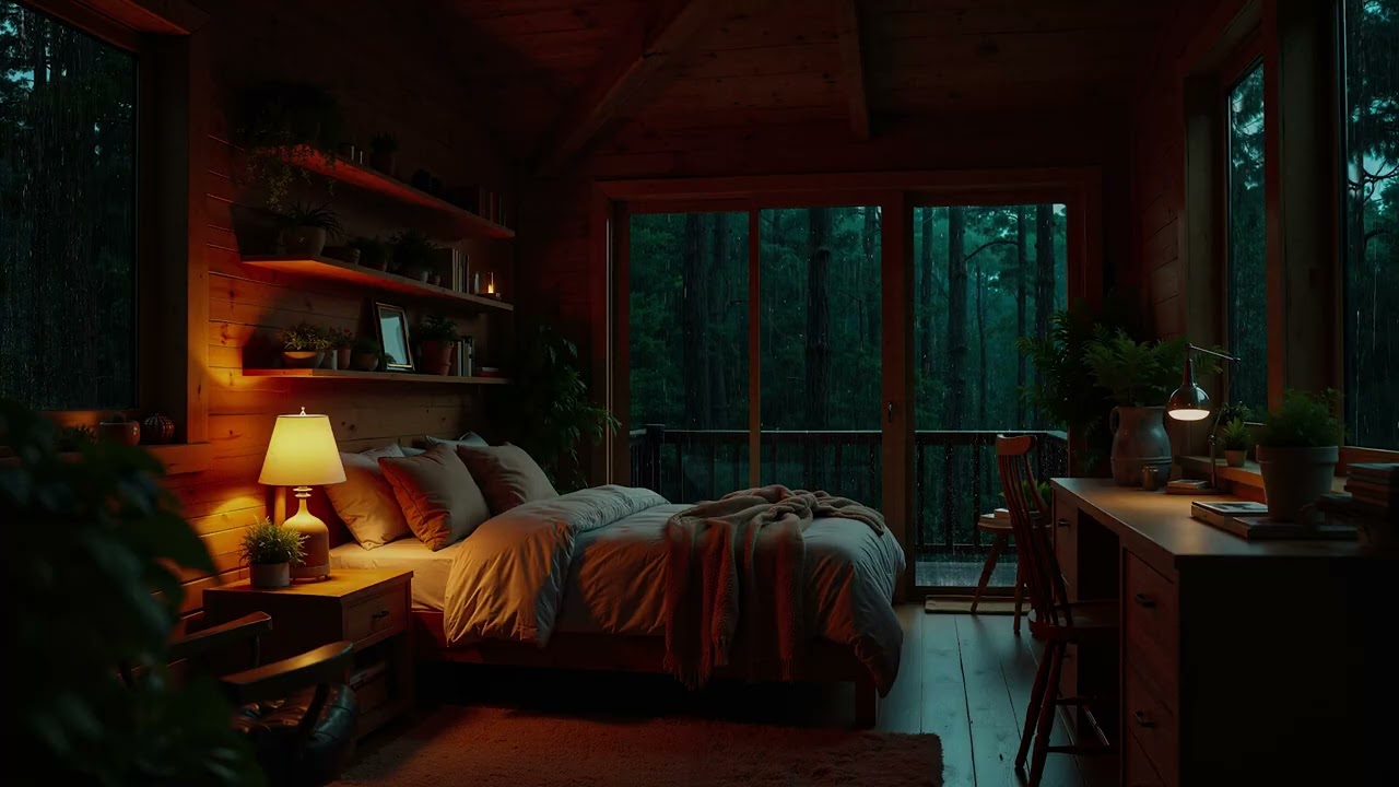 Forest Cabin Room Surrounded by Rain 🌙🌧 | Gentle Rain Sounds for Relax, Work & Sleep