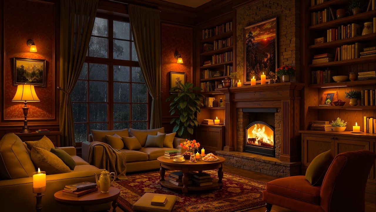 Rainy Night in Cozy Cabin Ambience 🔥 Slow Jazz, Warm Crackling Fireplace & Rain Sounds for Sleeping